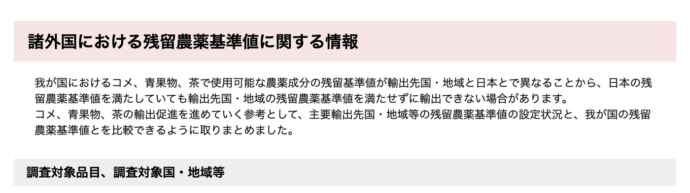 農林水産省「諸外国における残留農薬基準値に関する情報」のページ。茶などで使える農薬の基準値が輸出先国・地域と日本で異なり、日本の基準値を満たしていても輸出先の基準値を満たせずに輸出できない場合があると書かれている