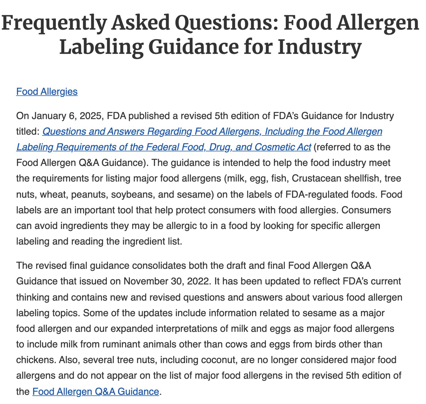 米国FDAの「Frequently Asked Questions: Food Allergen Labeling Guidance for Industry」のページ。2025年1月6日に食品アレルゲンのQ&Aガイダンス第5版を公表したこと、主要アレルゲンは乳・卵・魚・甲殻類・木の実・小麦・ピーナッツ・大豆・ごまであること、ココナッツを含むいくつかの木の実は主要アレルゲンでなくなり、第5版の一覧に載っていないことが書かれている