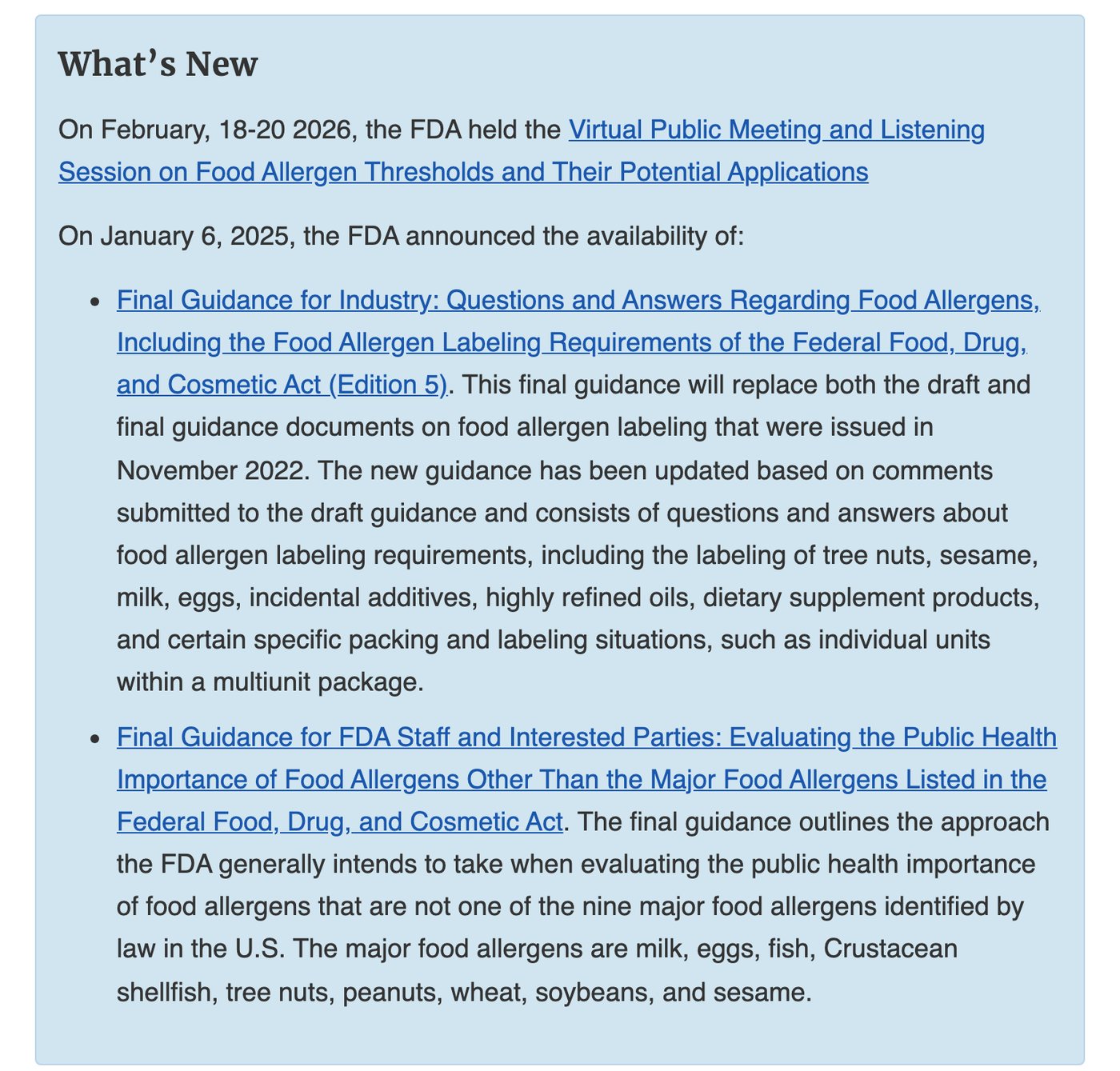 米国食品医薬品局（FDA）のページ「Food Allergies」の「What’s New」欄。2025年1月6日に食物アレルゲンの表示に関する最終ガイダンスを公表したことと、米国の法律で定める主要な食物アレルゲンは乳・卵・魚・甲殻類・木の実・落花生・小麦・大豆・ごまの9品目であることが書かれている