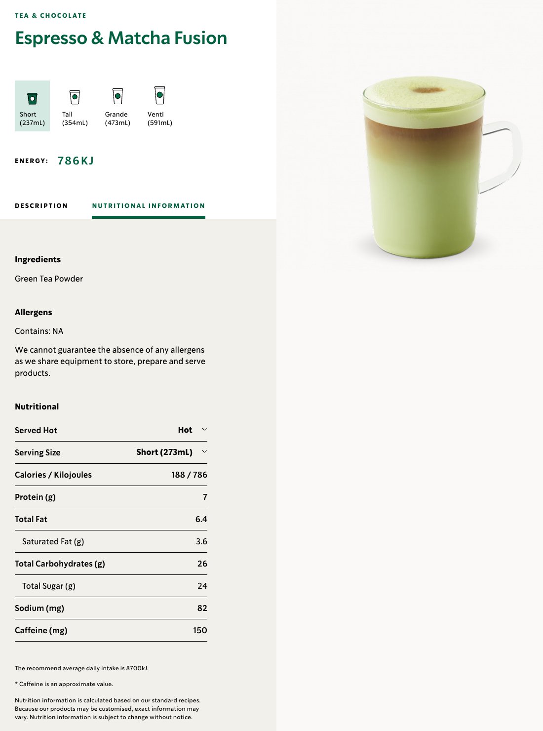 スターバックス豪州の「Espresso & Matcha Fusion」の栄養情報のページ。材料にGreen Tea Powder、アレルゲンは設備を共用しているため含まれないことは保証できないと書かれ、ホットのShortで188kcal、糖類（Total Sugar）24g、カフェイン150mg（概算）と表示されている