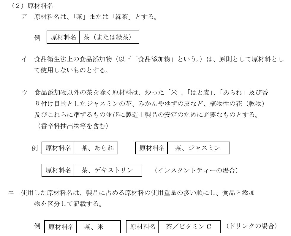 日本茶業中央会「緑茶の表示基準」実施細則の原材料名の決まり。原材料名は「茶」または「緑茶」とし、食品添加物は原則として使わず、使った原材料は製品に占める重量の多い順に食品と添加物を分けて書くとしている