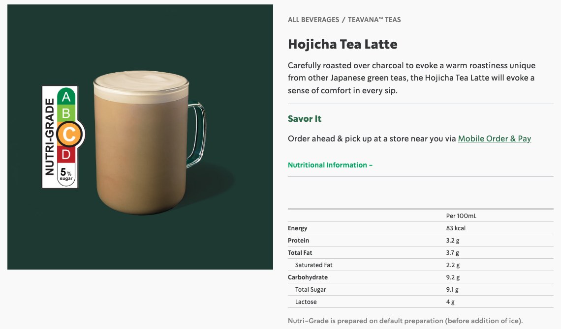 シンガポールのスターバックスの「Hojicha Tea Latte」のページ。商品写真の横にNutri-GradeのマークがあってCが選ばれ、栄養表示は100mLあたりエネルギー83kcal、たんぱく質3.2g、脂質3.7g、飽和脂肪2.2g、炭水化物9.2g、総糖類9.1g、乳糖4g。Nutri-Gradeは氷を加える前の既定の作り方で出していると書かれている