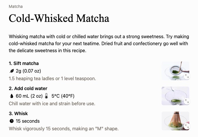 一保堂茶舗の米国サイトの公式レシピ「Cold-Whisked Matcha」。冷たい水で点てると強い甘みが出ると説明し、抹茶2gをふるい、氷で5℃に冷やして漉した水60mLを注ぎ、茶筅をM字に動かして15秒点てる手順が書かれている