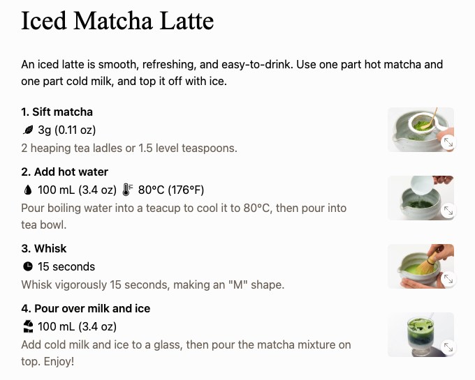 一保堂茶舗のIced Matcha Latteのレシピ。抹茶3gをふるい、80℃のお湯100mLを注いで15秒点て、冷たい牛乳100mLと氷を入れたグラスに上から注ぐ。熱い抹茶1に冷たい牛乳1の割合と書かれている