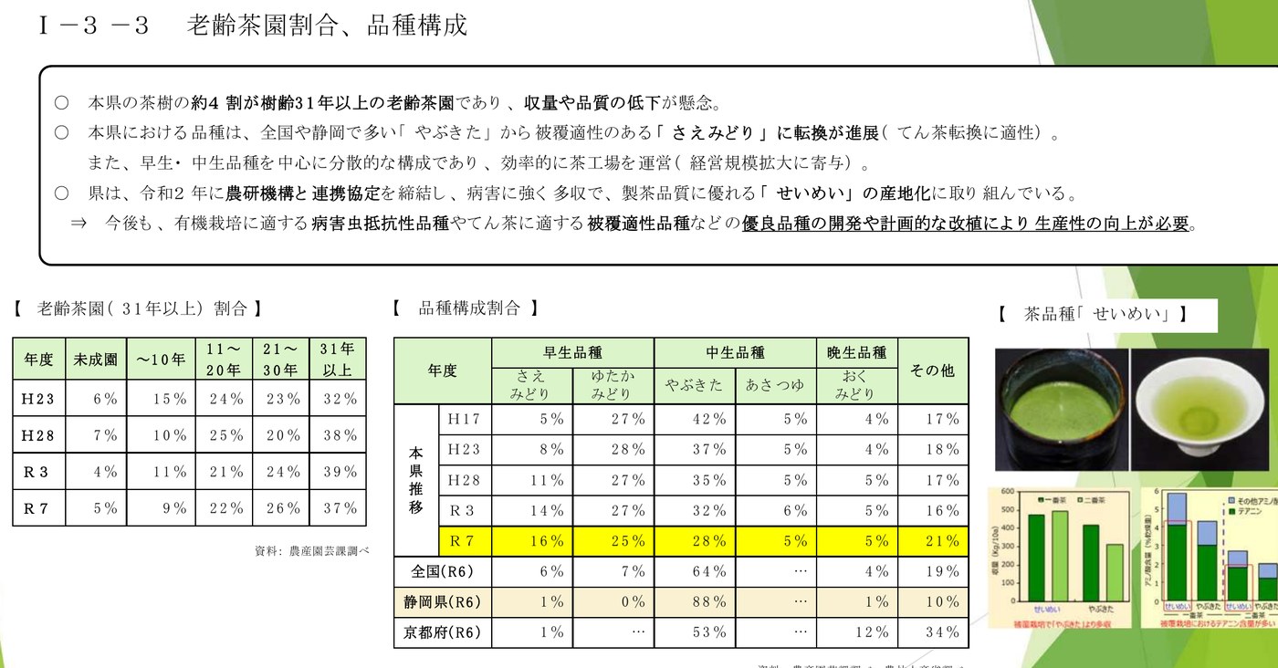鹿児島県「鹿児島県茶業をとりまく現状と課題」の品種構成割合。本県はやぶきたからさえみどりに転換が進展し、令和7年はさえみどり16%、ゆたかみどり25%、やぶきた28%、あさつゆ5%、おくみどり5%