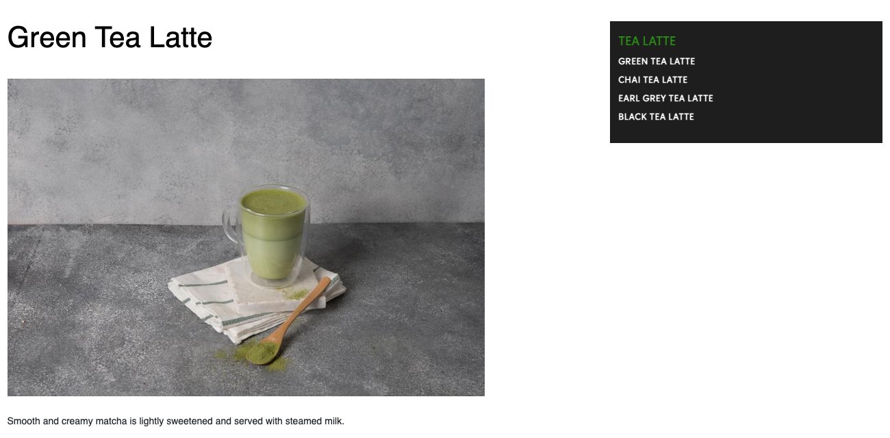 インドネシアのStarbucksの公式サイトの「Green Tea Latte」のページ。Tea Latteの欄にあり、なめらかでクリーミーな抹茶を軽く甘くし、温めた牛乳と合わせて出すと説明されている
