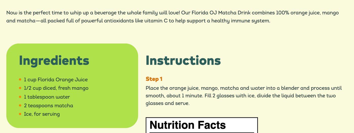 フロリダ州柑橘局（Florida Department of Citrus）の公式レシピ「Florida Orange Juice Matcha Drink」。材料はフロリダ産オレンジジュース1カップ、角切りの生のマンゴー1/2カップ、水大さじ1、抹茶小さじ2、氷。オレンジジュース・マンゴー・抹茶・水をミキサーで約1分なめらかにし、氷を入れた2つのグラスに分けて出す
