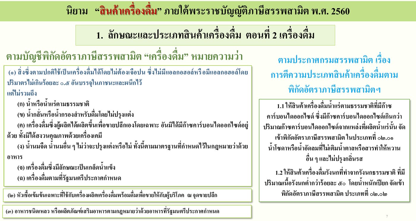 タイ物品税局の説明資料「ความรู้เกี่ยวกับภาษีสรรพสามิตประเภทสินค้าเครื่องดื่ม」のページ。物品税法の品目表で「飲料」とは、混ぜずに飲める、アルコールがないか0.5%以下の、容器に詰めて封をしたものとし、水、蒸留水、製造者が自分で小売するために作った炭酸なし・化学的に保存していない飲料、牛乳、氷のかけら状の飲料などを除くと書かれている。小売の場で飲料を作る機械用の濃縮原液も対象に挙げている