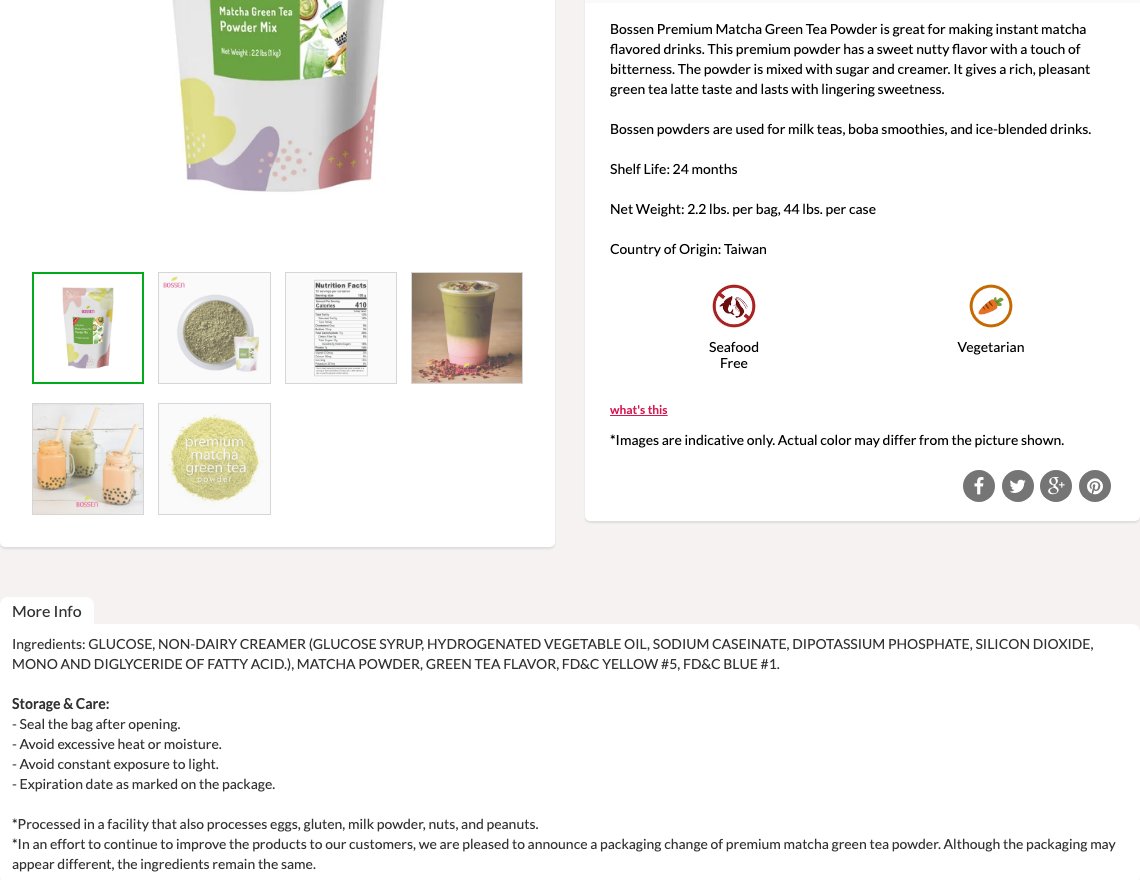 Bossen「Matcha Green Tea Powder, PREMIUM」の商品ページ。砂糖とクリーマーを混ぜた粉で原産国は台湾、原材料はブドウ糖、植物性のクリーマー、抹茶、緑茶の香料、黄色5号、青色1号の順と書かれている