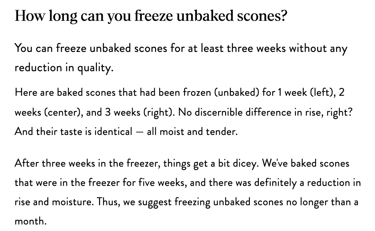 King Arthur Bakingのブログ「How to freeze scones and bake them later」の一部。焼く前のスコーンは少なくとも3週間は質を落とさずに冷凍でき、1週・2週・3週冷凍したものは膨らみも味も変わらなかった。5週間冷凍したものは膨らみとしっとり感が明らかに落ちたため、冷凍は1か月以内を勧めている