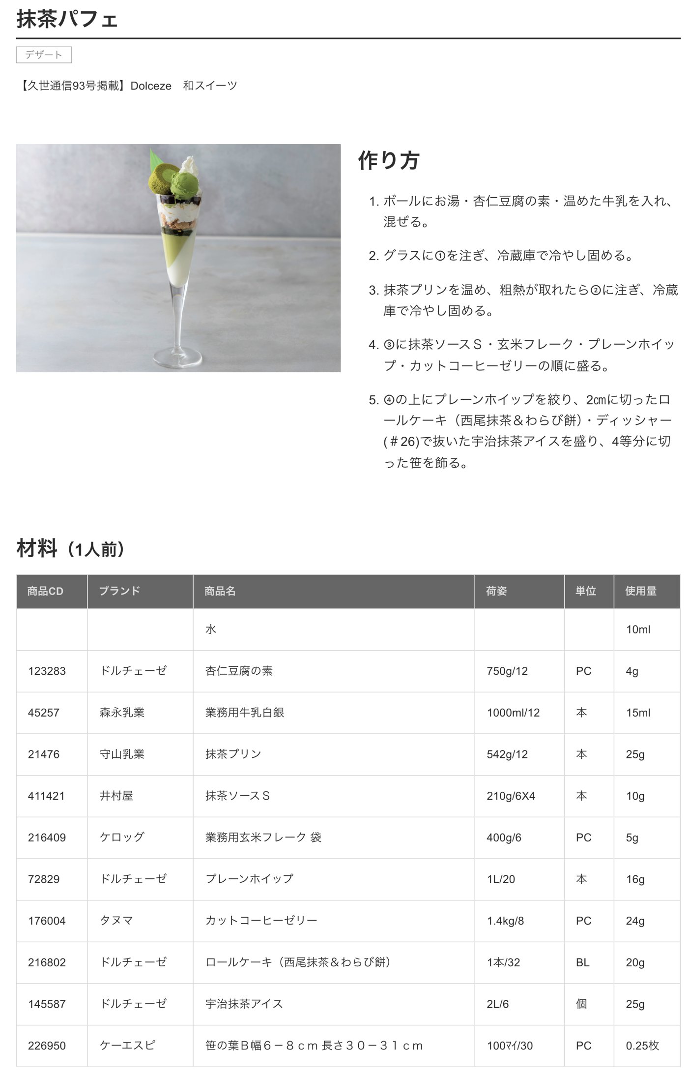 久世「抹茶パフェ」（久世通信93号掲載）。材料（1人前）は水10ml、杏仁豆腐の素4g、業務用牛乳15ml、抹茶プリン25g、抹茶ソースS 10g、業務用玄米フレーク5g、プレーンホイップ16g、カットコーヒーゼリー24g、ロールケーキ（西尾抹茶＆わらび餅）20g、宇治抹茶アイス25g、笹の葉0.25枚。作り方は杏仁豆腐と抹茶プリンを順にグラスで冷やし固め、抹茶ソース・玄米フレーク・プレーンホイップ・カットコーヒーゼリーの順に盛る