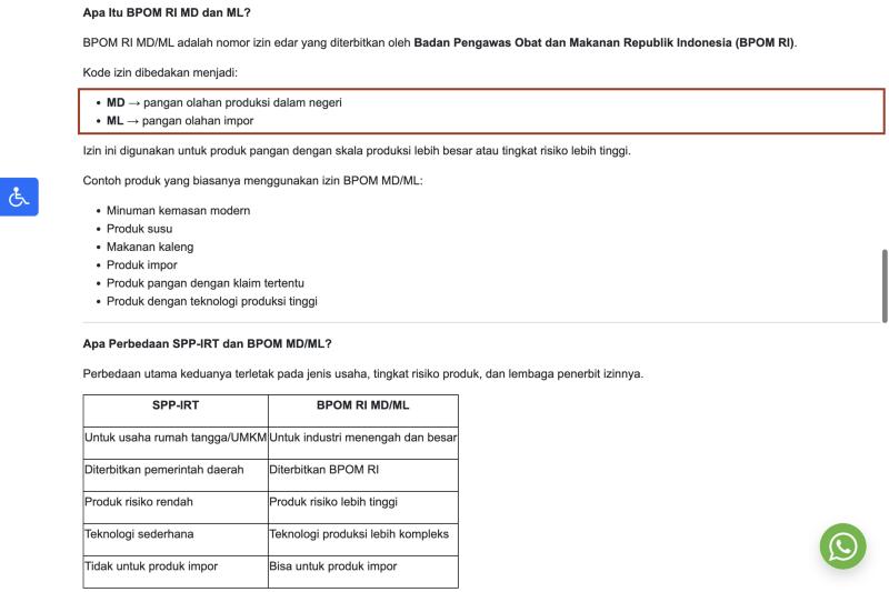 BPOM intelligence unit explainer “Mengenal Izin Edar Pangan, Apa Bedanya SPP-IRT dan BPOM RI MD/ML?”. It states that BPOM RI MD/ML are distribution permit numbers issued by BPOM, MD for processed food made in Indonesia and ML for imported processed food. The comparison table below says SPP-IRT is for home industries and small businesses and cannot be used for imports, while MD/ML can also be used for imports