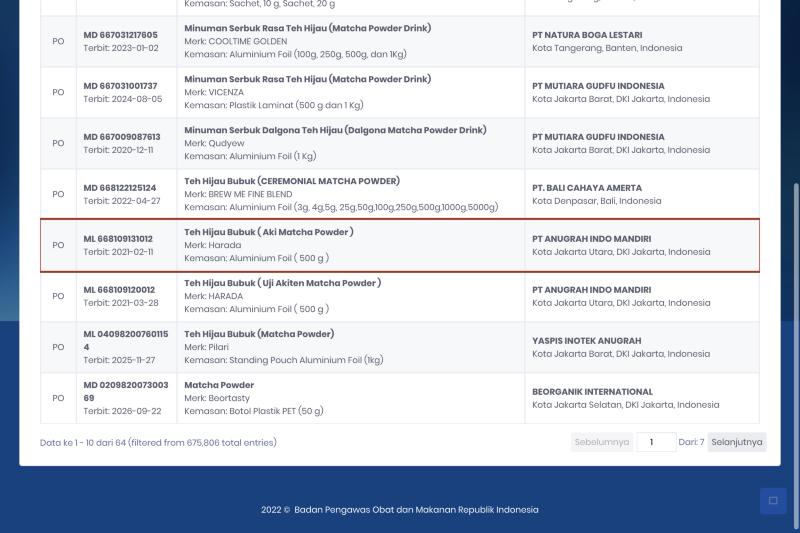 Results of searching “matcha powder” on BPOM’s search site (cek BPOM) (20 October 2026). Type, registration number, product name and registrant are listed, with domestic registrations starting with MD mixed with import registrations starting with ML (product name “Teh Hijau Bubuk”)
