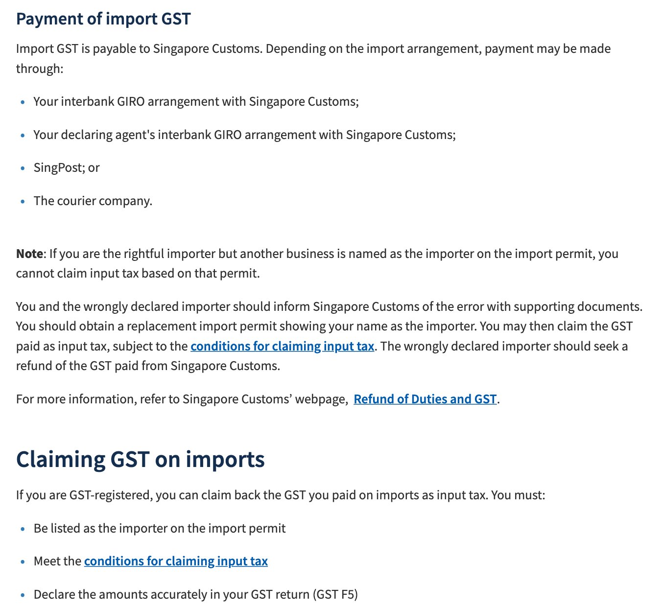 内国歳入庁（IRAS）「Importing of Goods」。輸入GSTは税関に払うこと、別の事業者が輸入者として記載された輸入許可では仕入税額を控除できないこと、控除には輸入許可に輸入者として記載されることが必要と書かれている