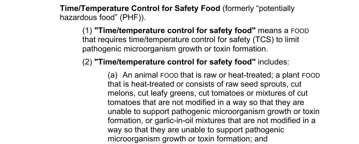 FDA Food Code 2022の定義の章。時間・温度の管理が必要な食品（TCS食品）には、生または加熱した動物性食品、加熱した植物性食品、生のスプラウト、切ったメロン、切った葉物、切ったトマトなどが含まれると書かれている