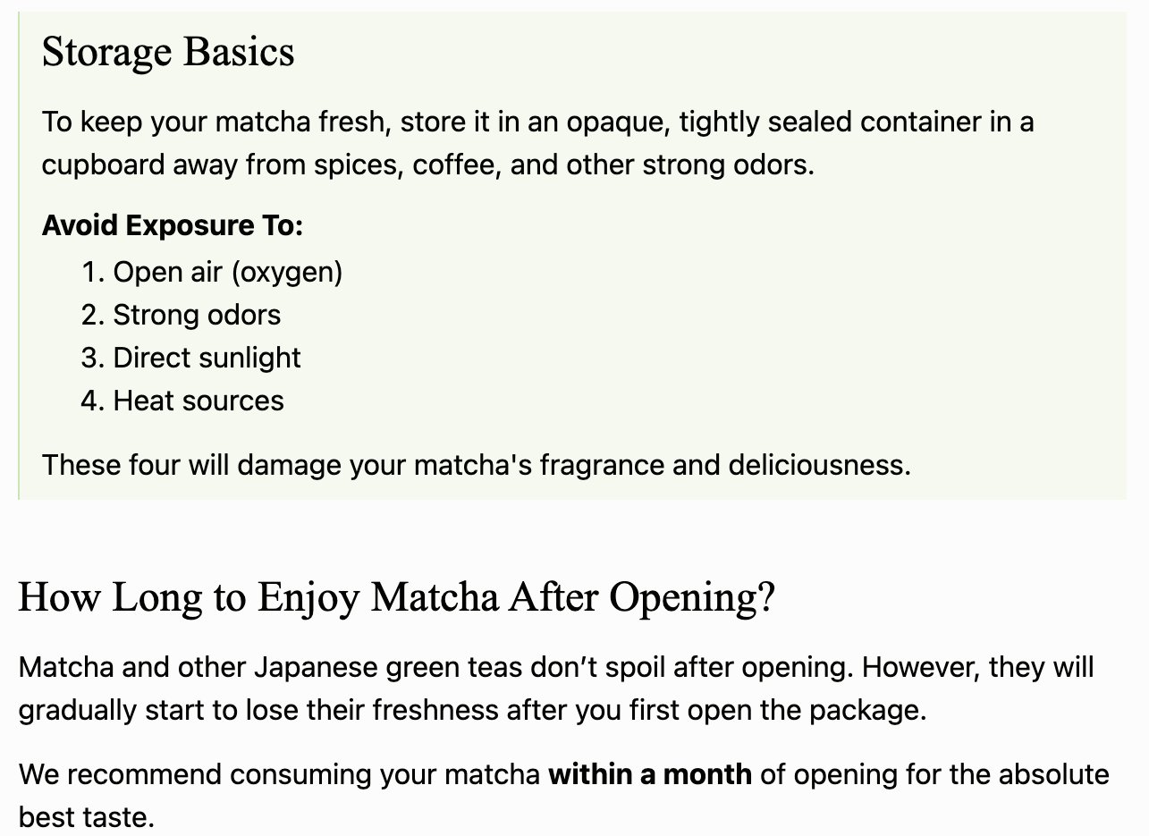 一保堂茶舗「How to Keep Your Matcha Fresh」。抹茶は不透明な密閉容器に入れ、香辛料やコーヒーなど強いにおいから離して戸棚に保管すること、開封後は1か月以内に飲むのが一番おいしいことが書かれている