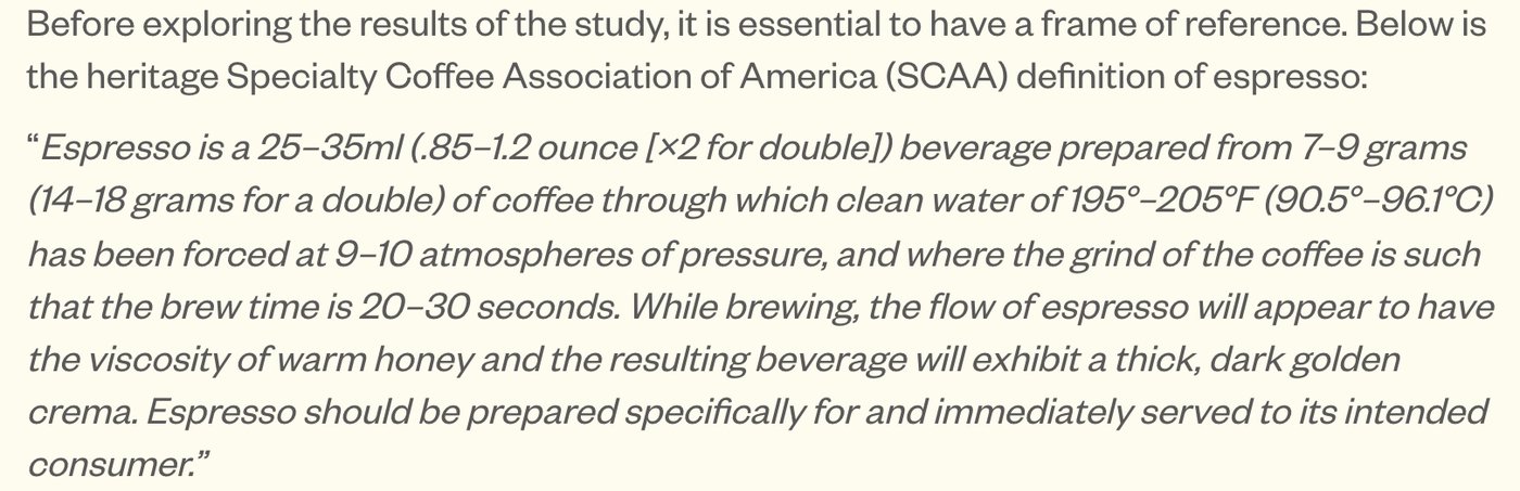 SCA 25 Magazine「Defining the Ever-Changing Espresso」。旧SCAAの定義として、エスプレッソは25〜35mlで、7〜9g（ダブルは14〜18g）のコーヒーに90.5〜96.1℃の湯を9〜10気圧で通し、抽出時間が20〜30秒になる挽き目で作り、注文した人のためにすぐ出すと書かれている