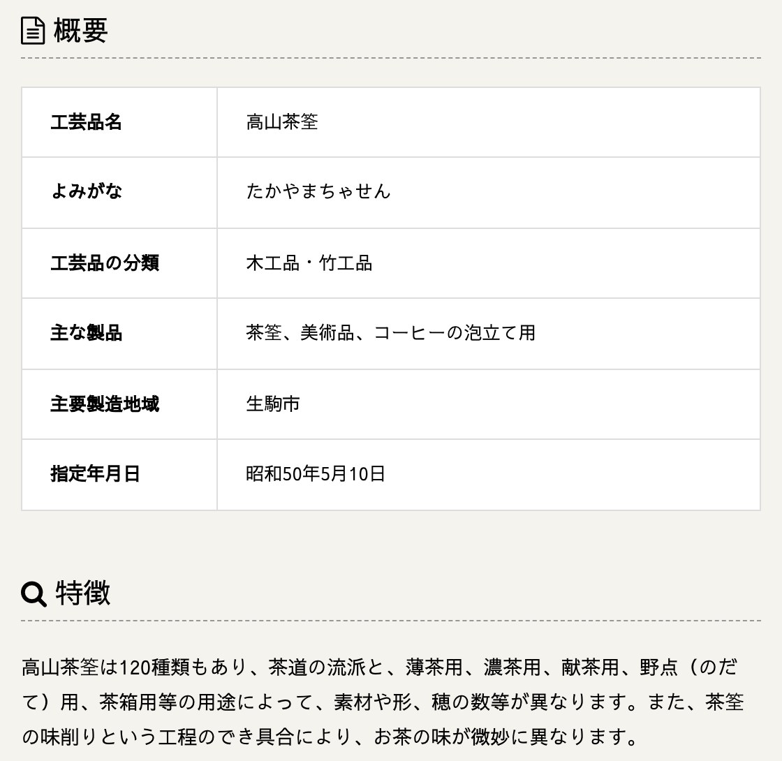伝統的工芸品産業振興協会の「高山茶筌」のページ。工芸品の分類は木工品・竹工品、主な製品は茶筌・美術品・コーヒーの泡立て用、主要製造地域は生駒市、指定年月日は昭和50年5月10日。特徴として、高山茶筌は120種類あり、茶道の流派と薄茶用・濃茶用・献茶用・野点用・茶箱用などの用途によって素材や形、穂の数が異なると書かれている