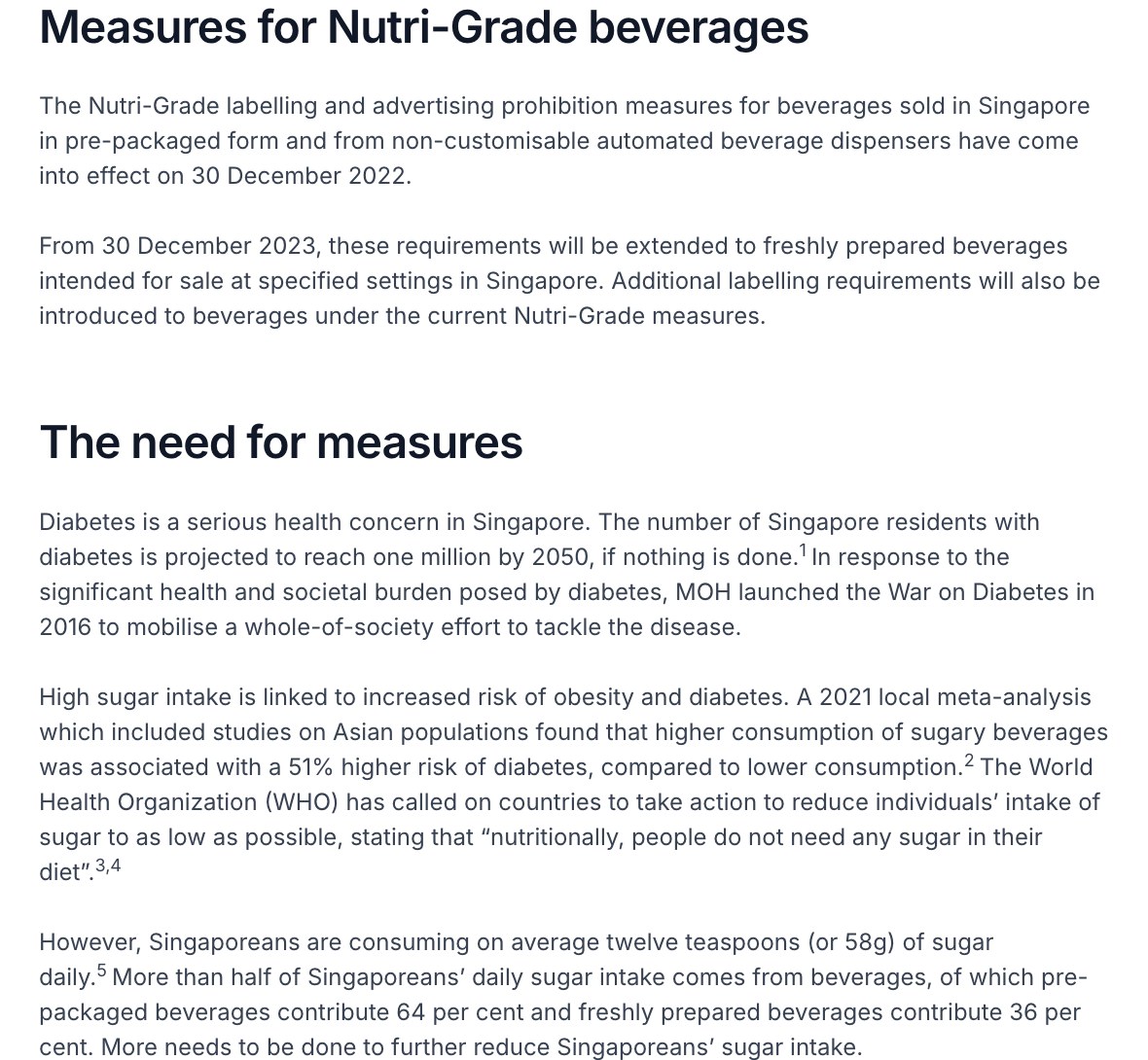 シンガポール保健促進局（HPB）「Measures for Nutri-Grade」のページ。2023年12月30日からNutri-Gradeの表示と広告の規制が店で作る飲み物に広がること、シンガポールの人は1日平均小さじ12杯（58g）の糖を取り、その半分以上が飲み物からで、うち包装された飲み物が64%、店で作る飲み物が36%と書かれている