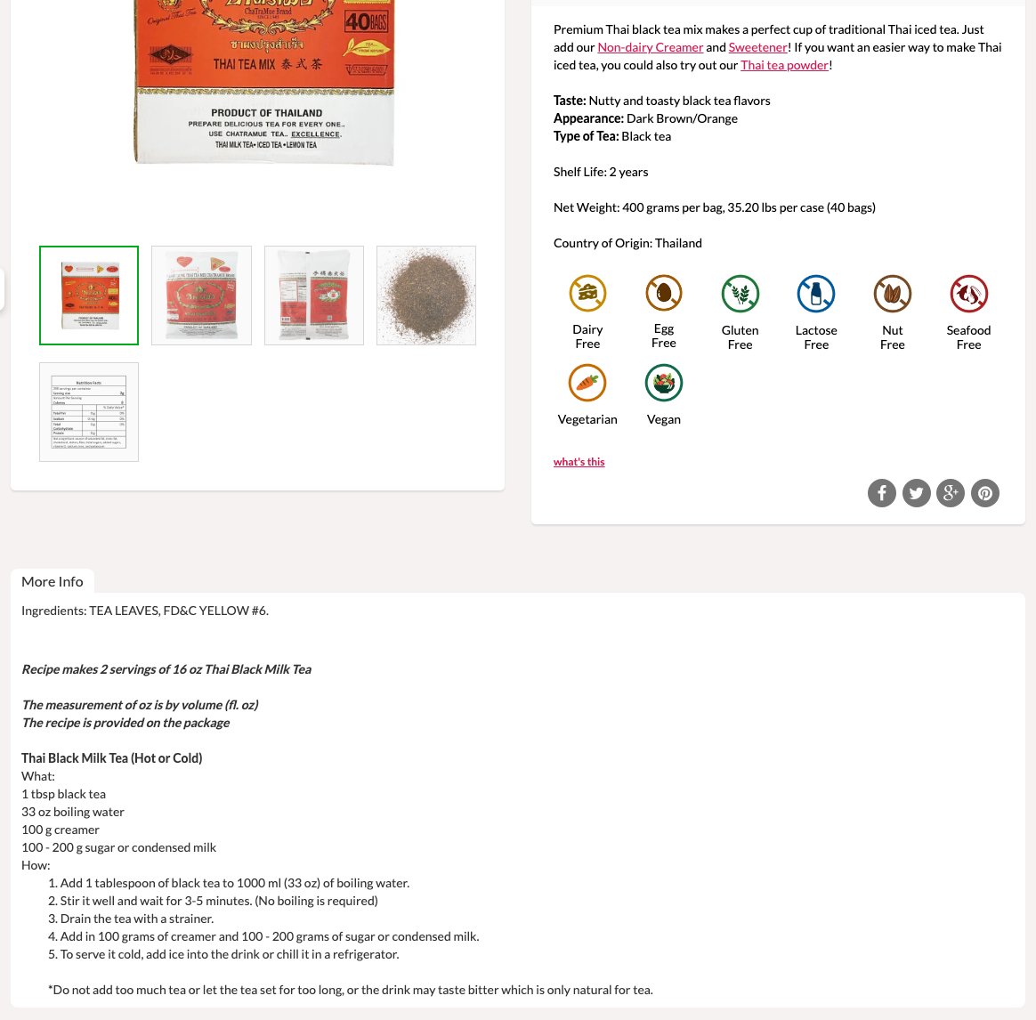 米国の販売会社Bossenの「Premium Thai Black Tea Mix」の商品ページ。パッケージはChaTraMue Brandの「ชาผงปรุงสำเร็จ THAI TEA MIX」で、原産国はタイ、原材料はTEA LEAVES, FD&C YELLOW #6。パッケージのレシピは、紅茶大さじ1を熱湯1000mlに入れて3〜5分おき、漉してクリーマー100gと砂糖か練乳100〜200gを加え、16ozを2杯分作ると書かれている